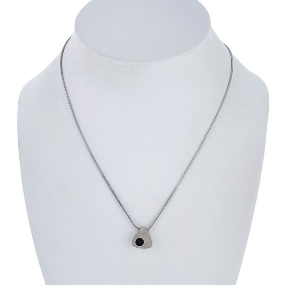 Round Black Jet Inlay Pendant Snake Chain Necklace | Sterling Silver 925 | 16" - Picture 2 of 4